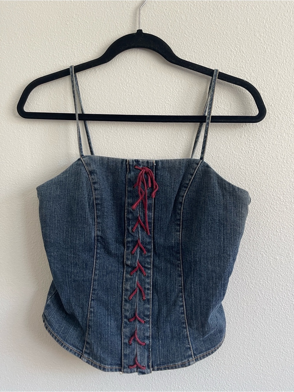Y2K Guess Denim Lace-Up Corset Tank Top - Blue with Red Accents M/L